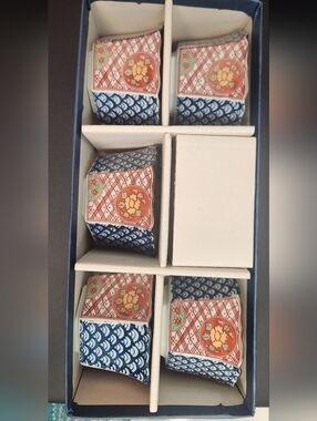 Set of Decorative Japanese Porcelain Tea Cups - Blue & Orange Floral Pattern